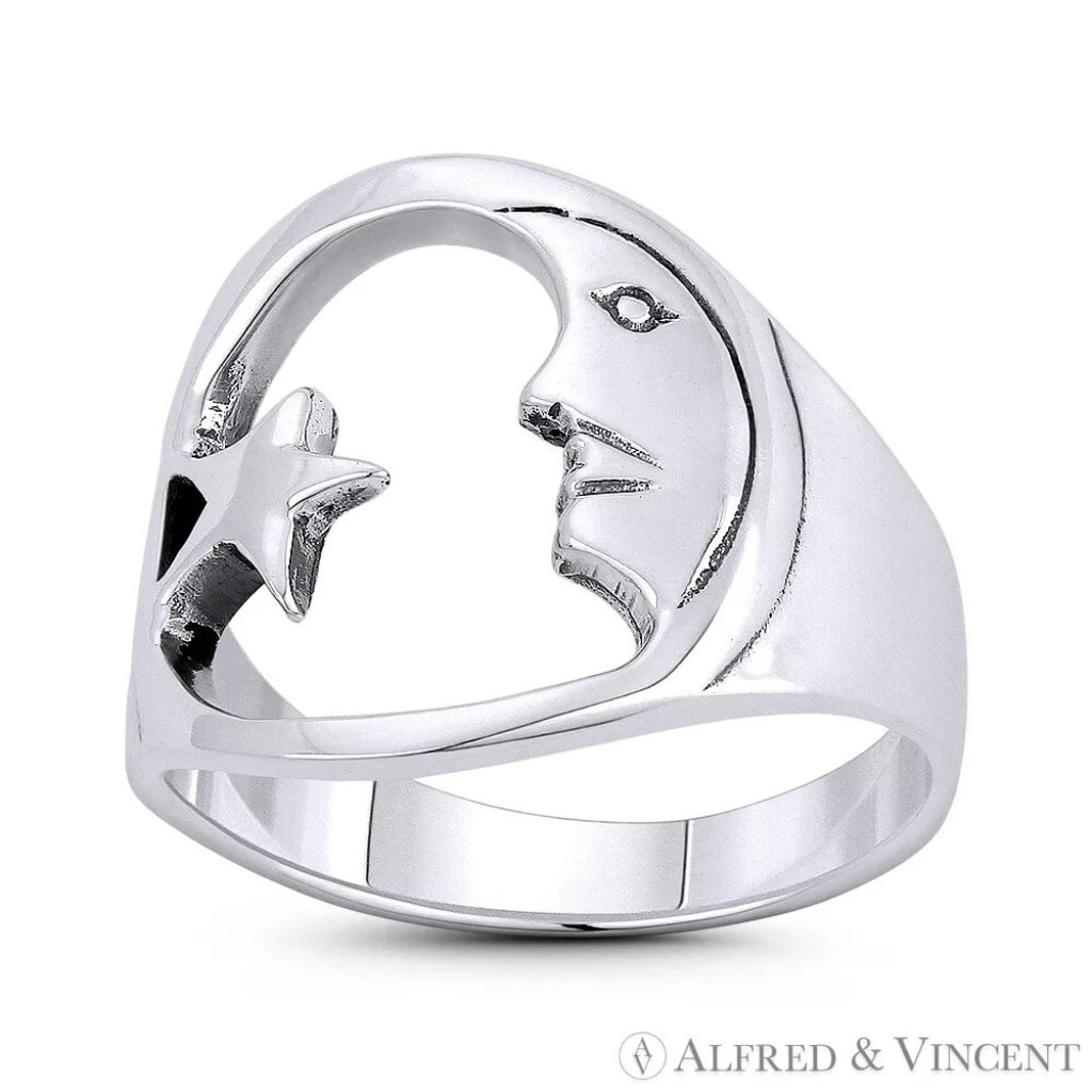 Waxing Crescent Moon Face & Star Lunar Charm Ring In .925 Sterling Silver Sz.9